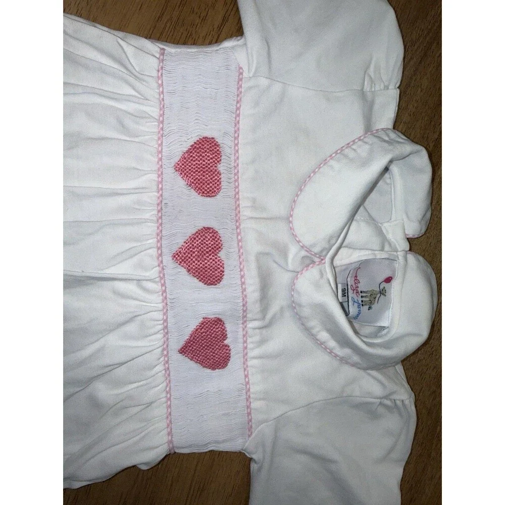 Eliza James Baby Girl 9M Smocked Romper Pink Hearts Long Sleeve Peter Pan Collar